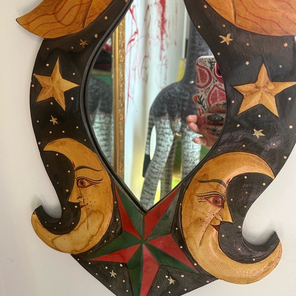 Vintage Sun & Moon Celestial Wooden Mirror with Stars Handpainted 23"X11.5" - Picture 9 of 16